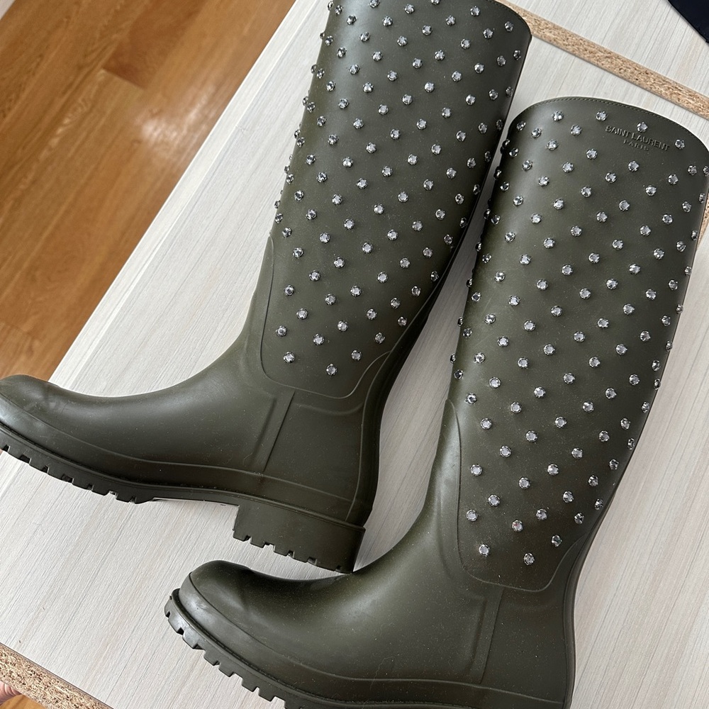 Saint Laurent Olive Studded Rain Boots
